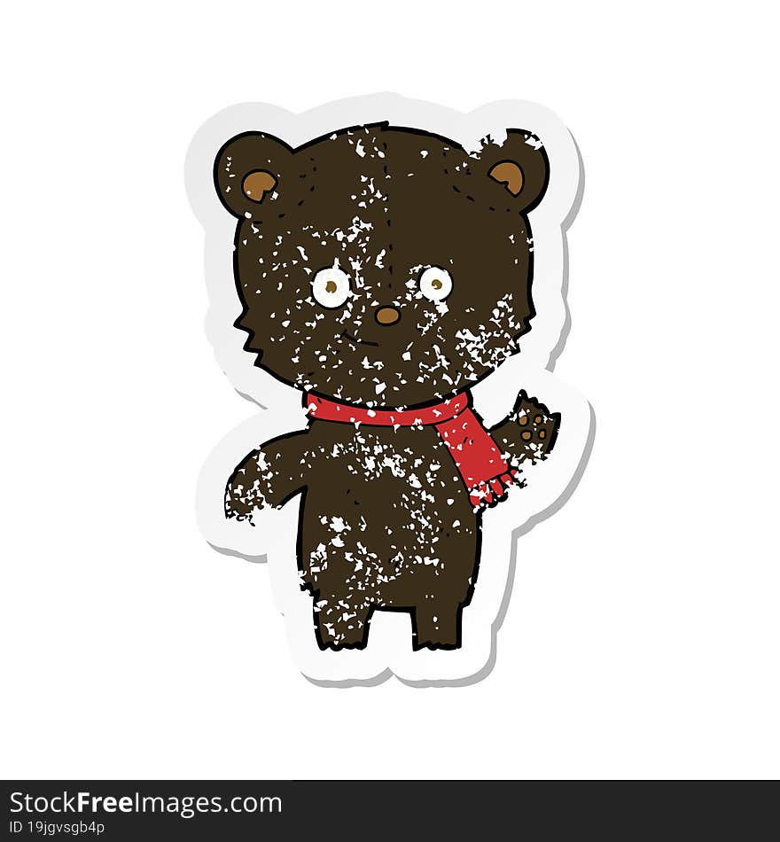 retro distressed sticker of a cartoon black bear waving