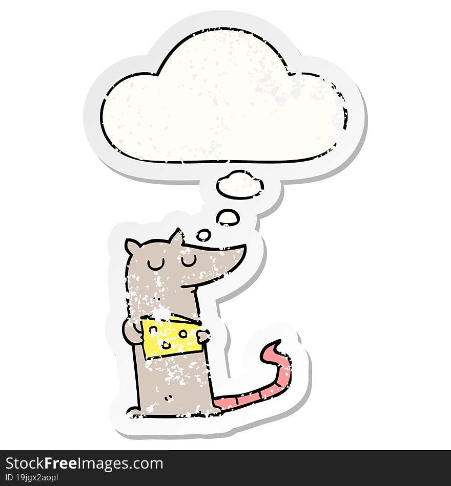 cartoon mouse with cheese with thought bubble as a distressed worn sticker