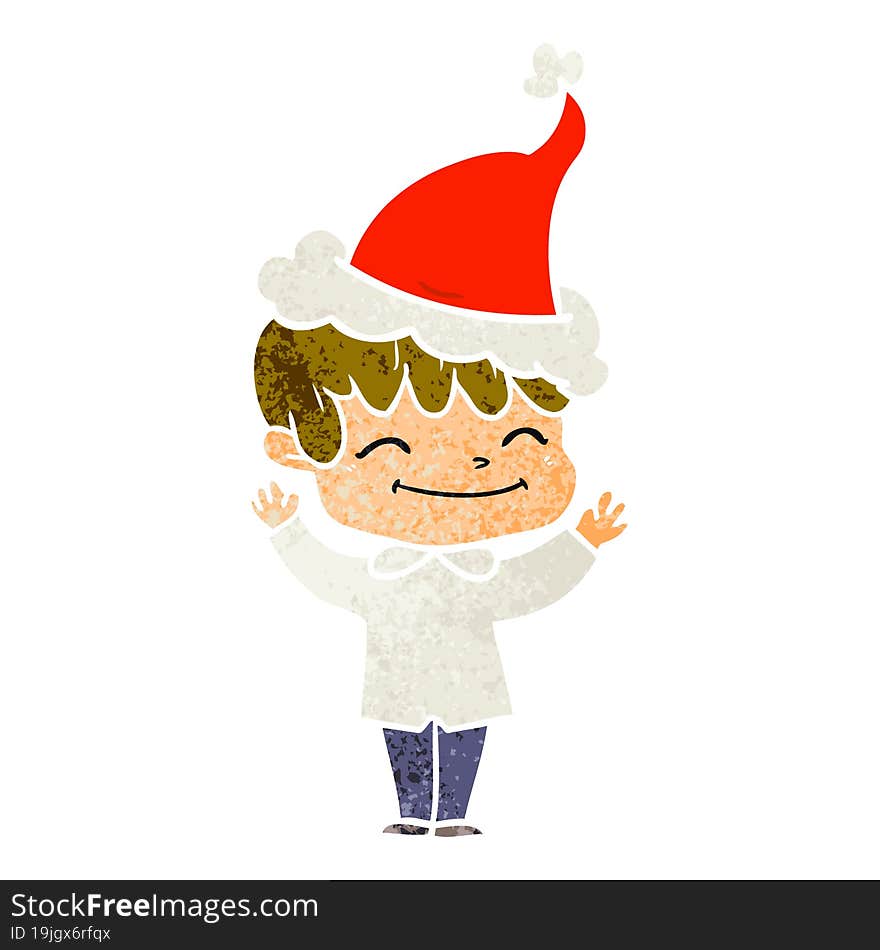 retro cartoon of a happy boy wearing santa hat