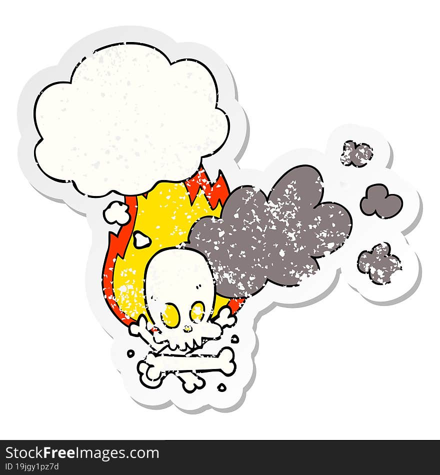 cartoon spooky burning bones and thought bubble as a distressed worn sticker