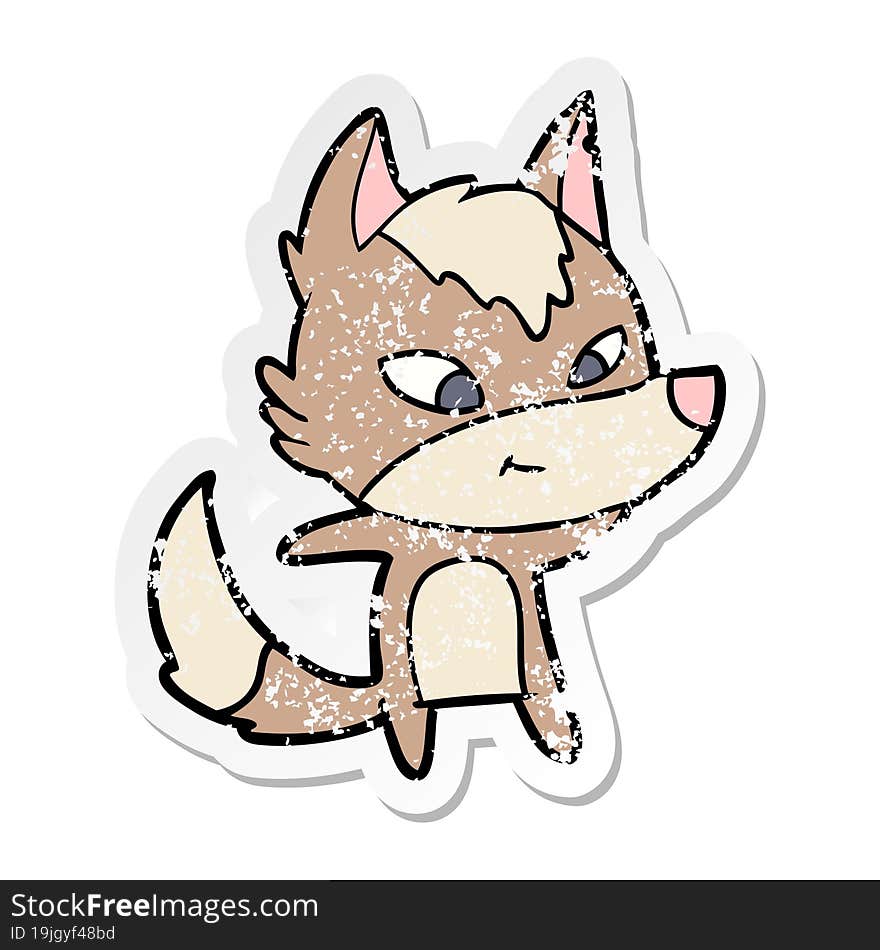 distressed sticker of a friendly cartoon wolf