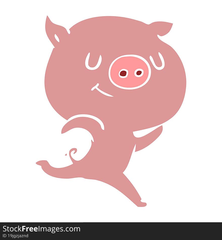 happy flat color style cartoon pig running