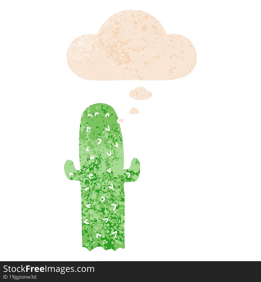 cartoon cactus and thought bubble in retro textured style