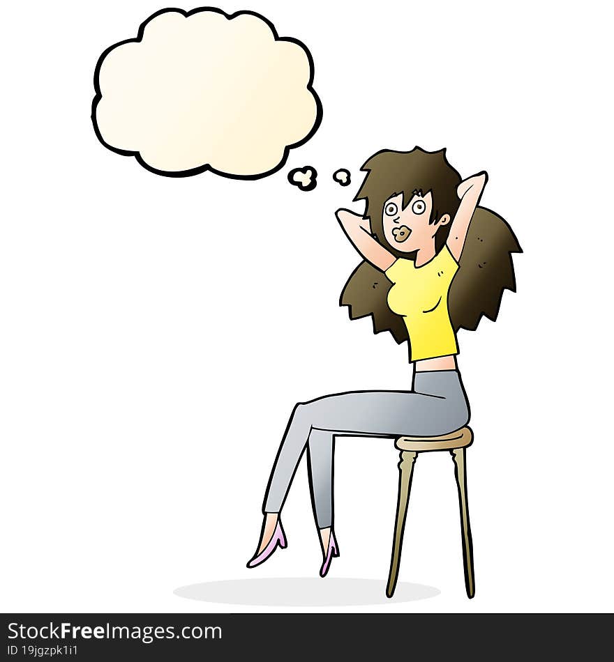 cartoon woman posing on stool with thought bubble