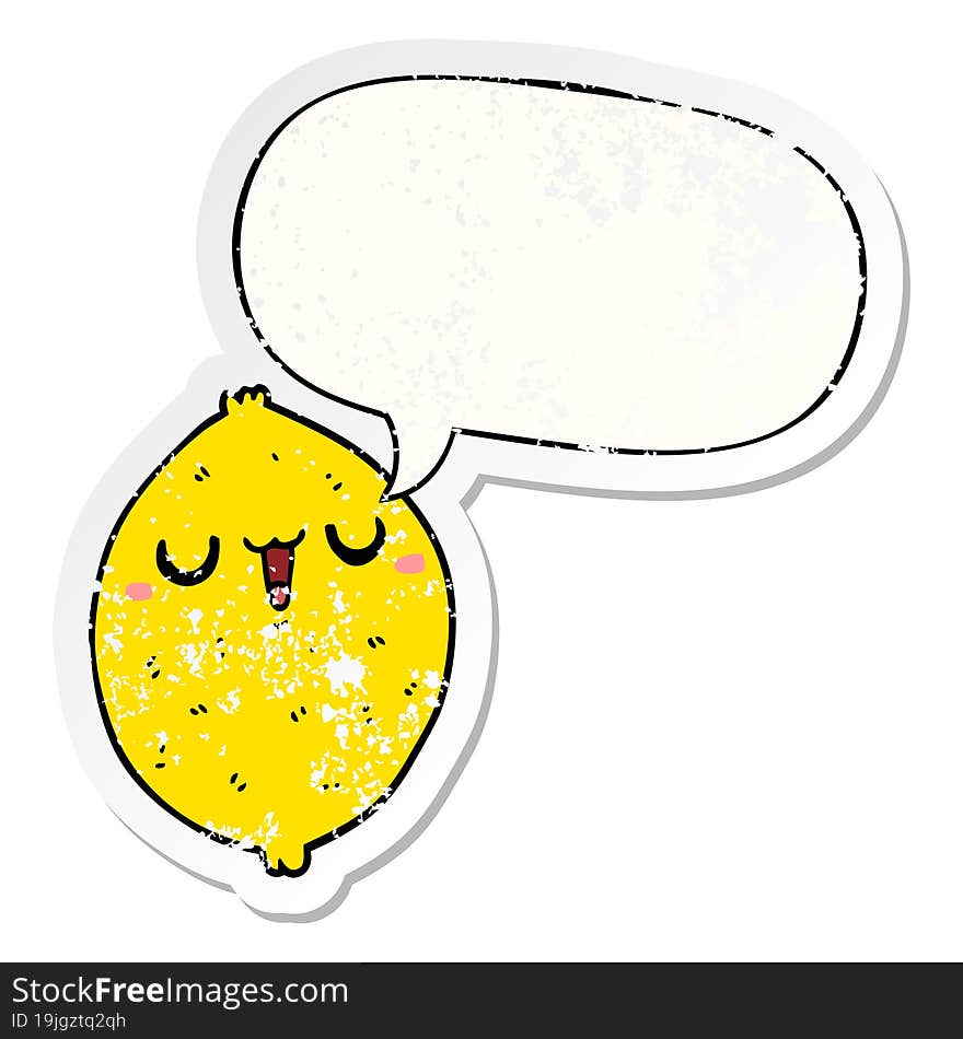 cartoon happy lemon and speech bubble distressed sticker