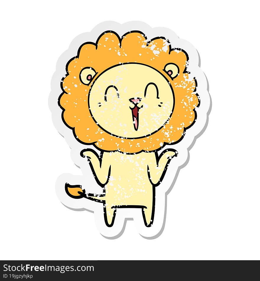 distressed sticker of a laughing lion cartoon shrugging shoulders