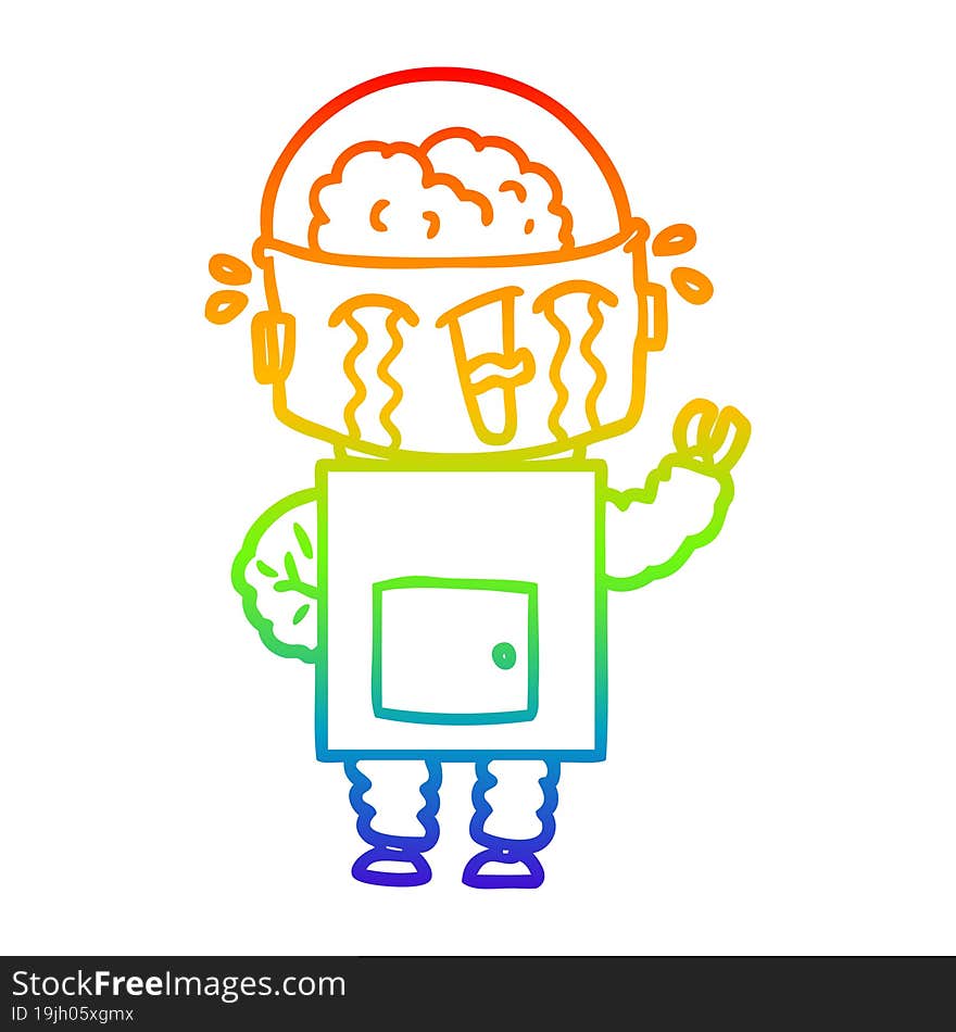 rainbow gradient line drawing of a cartoon crying robot