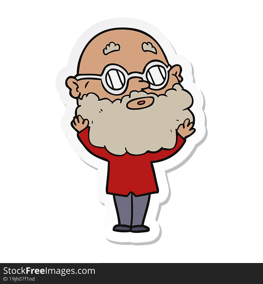 sticker of a cartoon curious man with beard and glasses