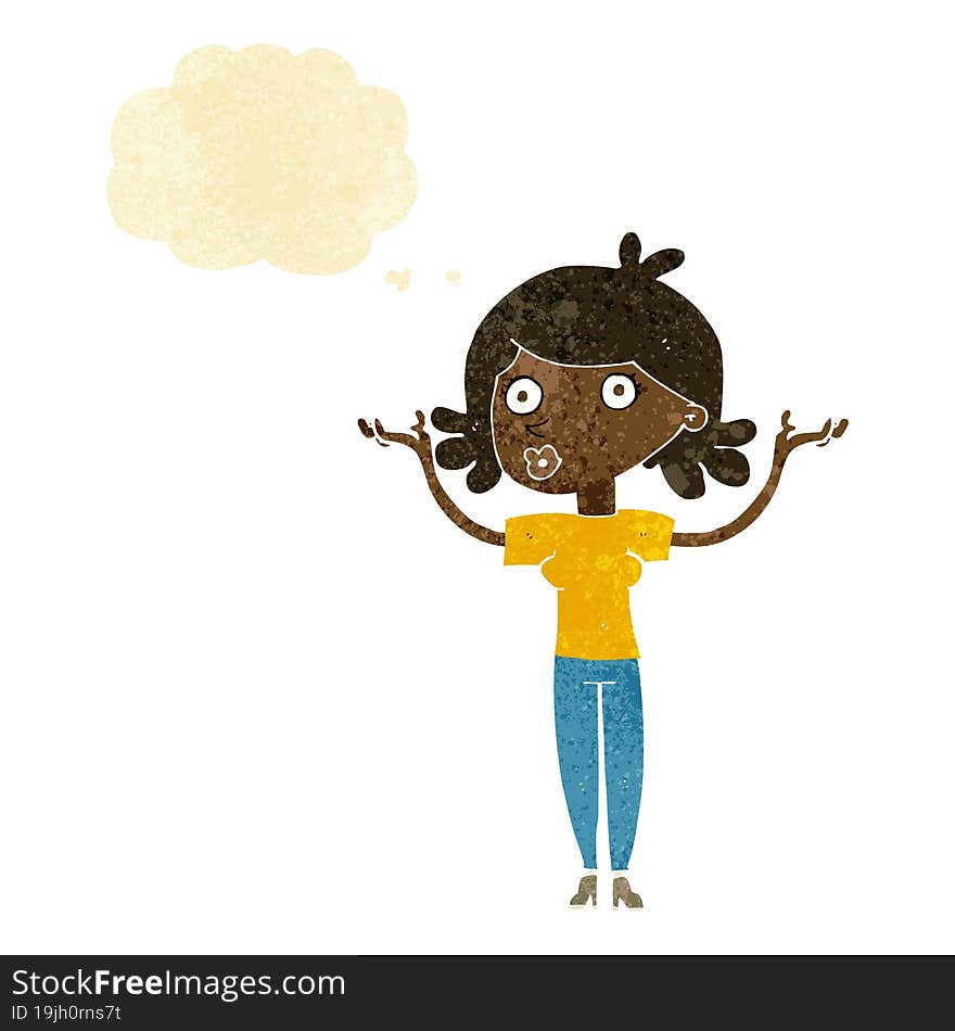 Cartoon Woman Throwing Arms In Air With Thought Bubble