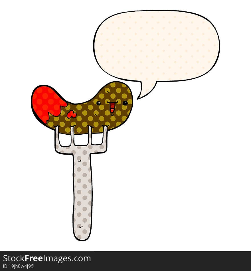 cartoon sausage and fork and speech bubble in comic book style