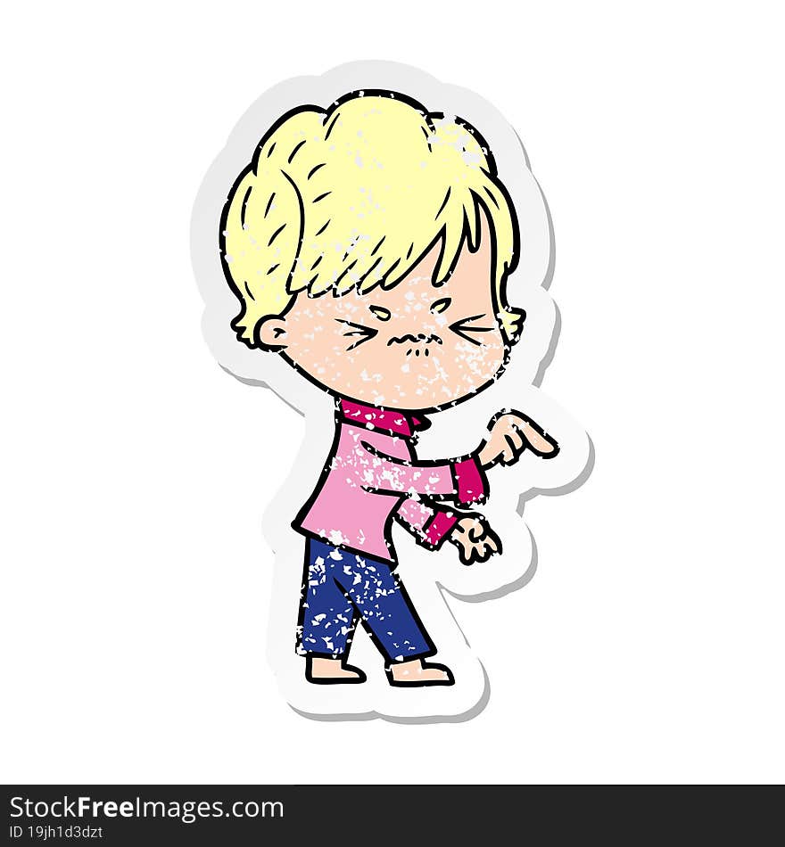 Distressed Sticker Of A Cartoon Frustrated Woman