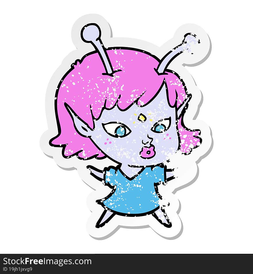 distressed sticker of a pretty cartoon alien girl