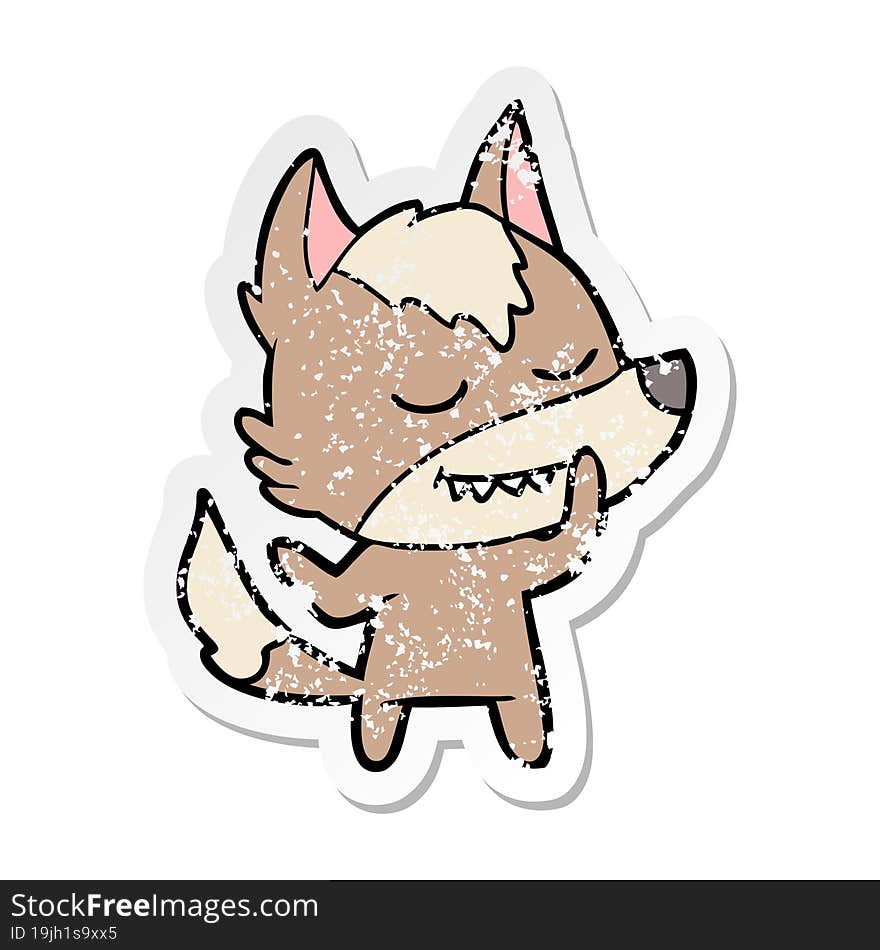 distressed sticker of a friendly cartoon wolf