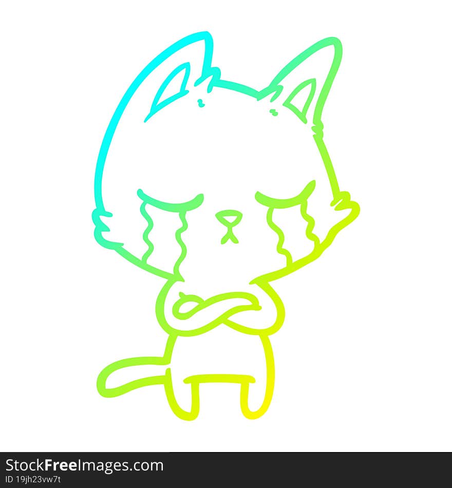 cold gradient line drawing of a crying cartoon cat with folded arms