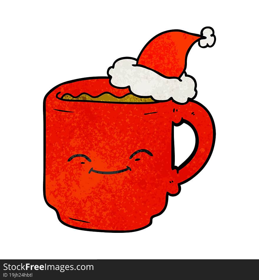 hand drawn textured cartoon of a coffee mug wearing santa hat