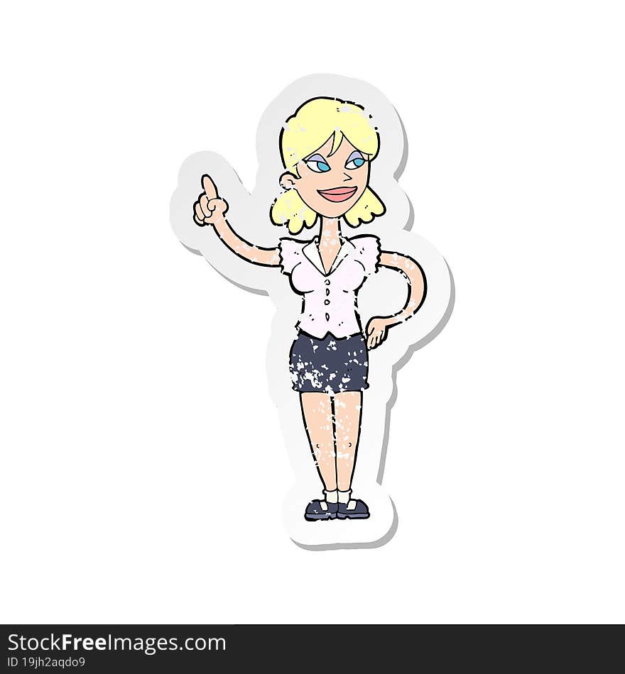 retro distressed sticker of a cartoon woman with great idea