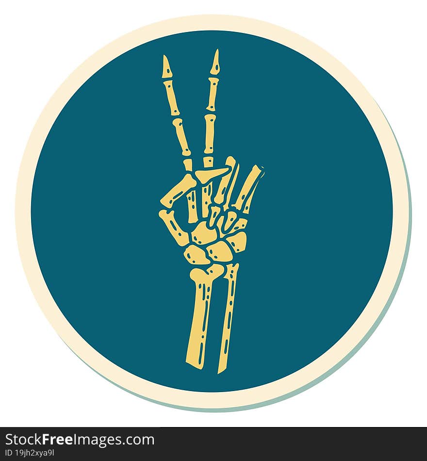 tattoo style sticker of a skeleton hand giving a peace sign