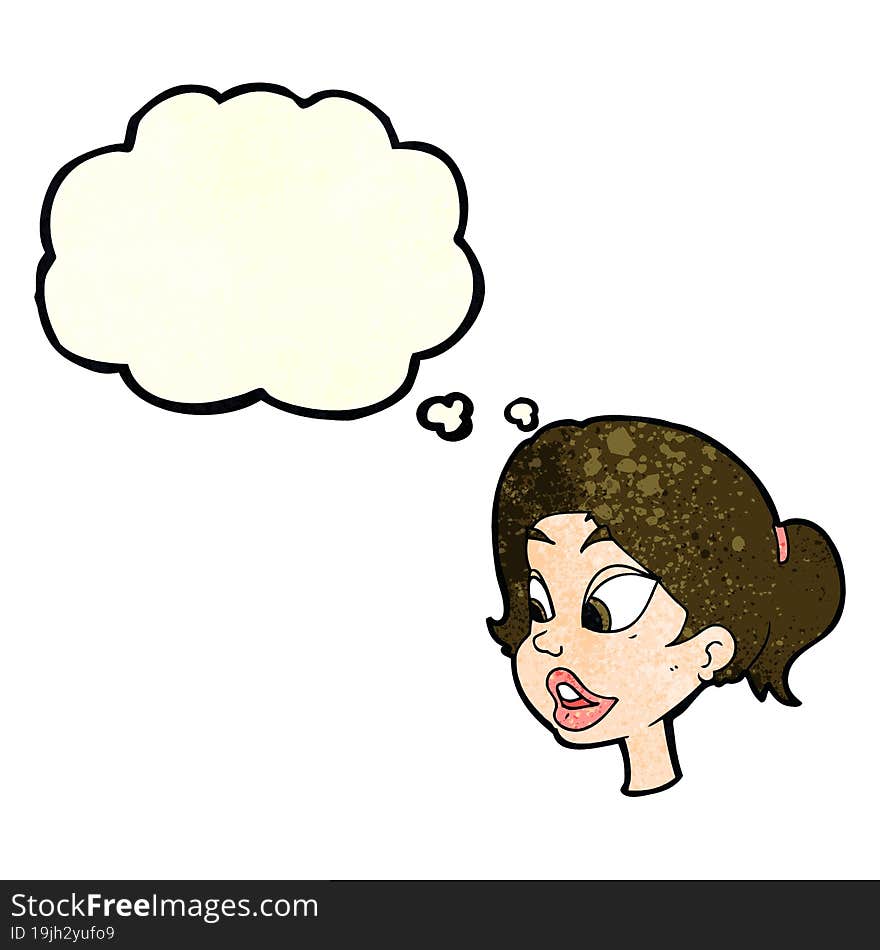 cartoon friendly woman with thought bubble