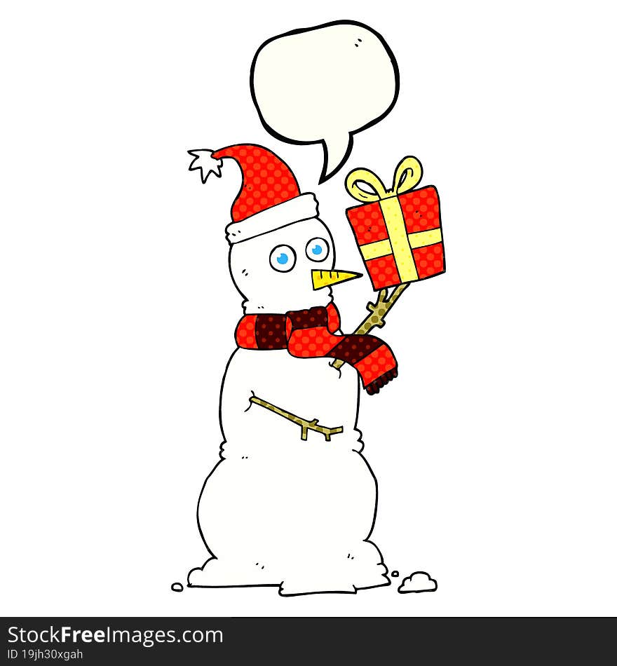 Comic Book Speech Bubble Cartoon Snowman Holding Present