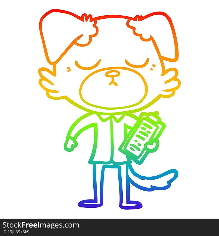 rainbow gradient line drawing of a cute cartoon dog wearing office shirt