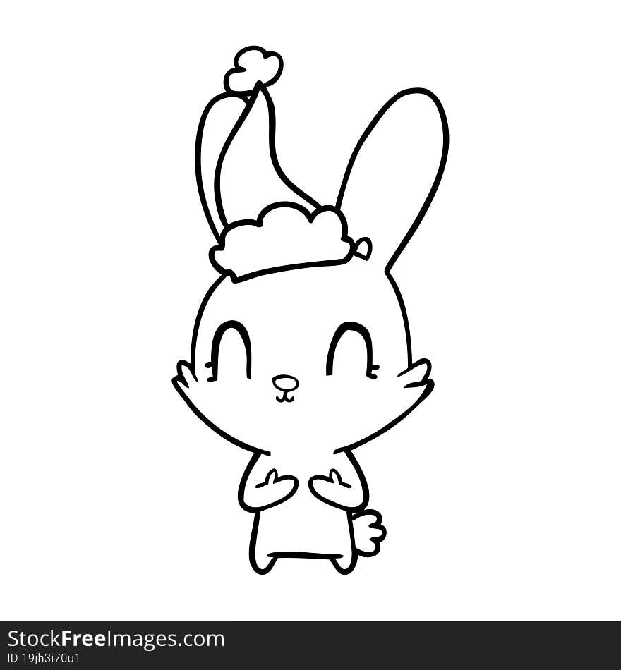 cute line drawing of a rabbit wearing santa hat