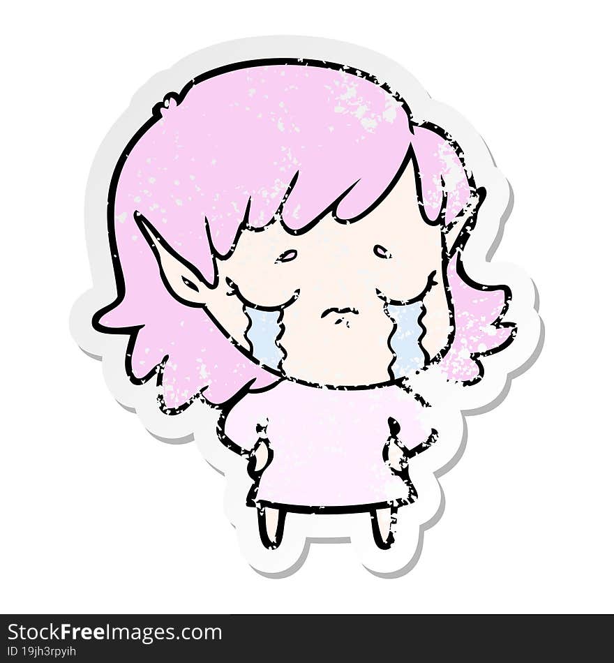 distressed sticker of a cartoon crying elf girl