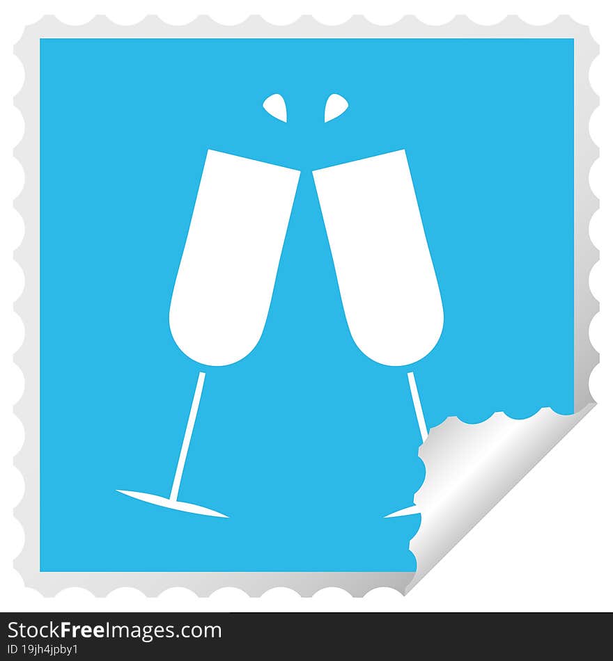 square peeling sticker cartoon clinking champagne flutes