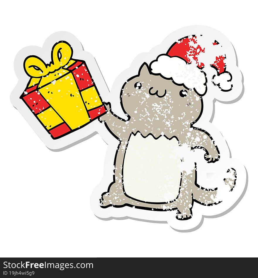 distressed sticker of a cute cartoon christmas cat