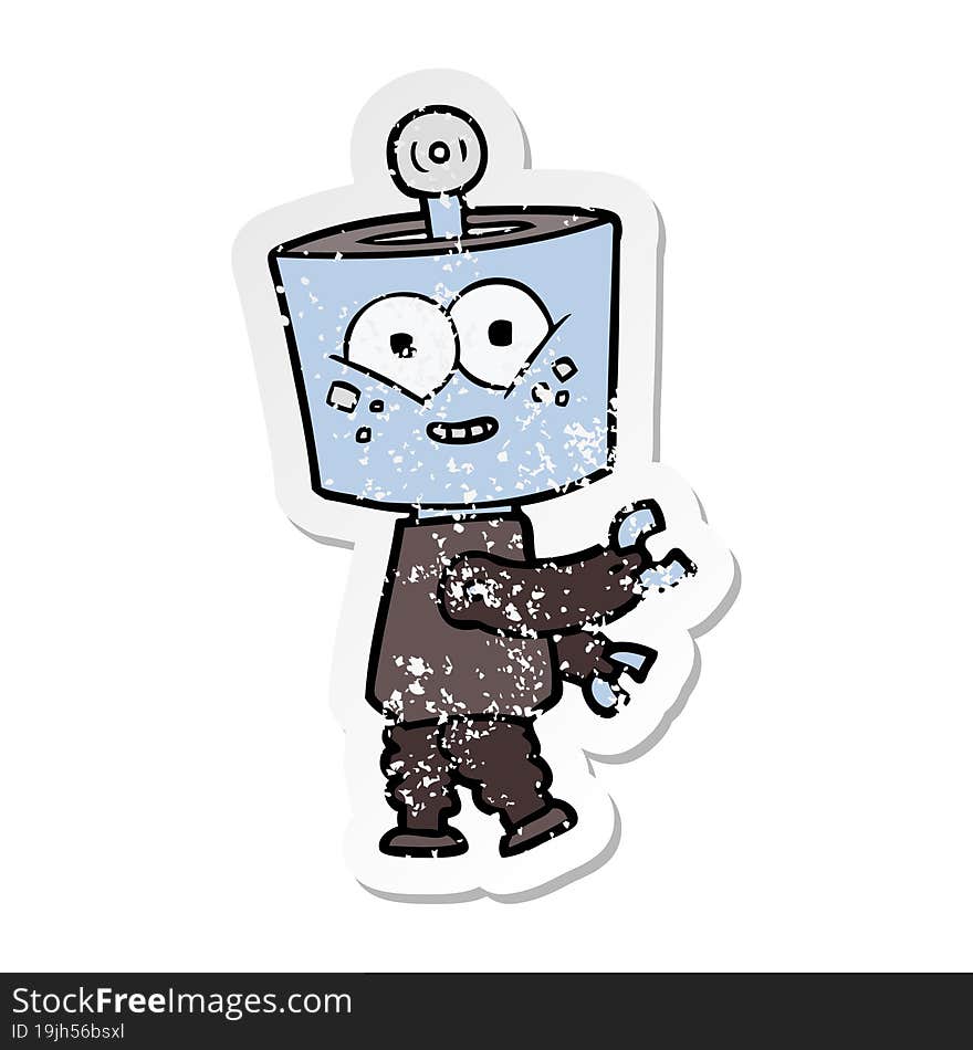 distressed sticker of a happy cartoon robot