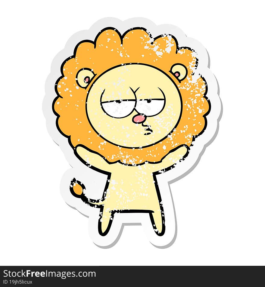 distressed sticker of a cartoon bored lion