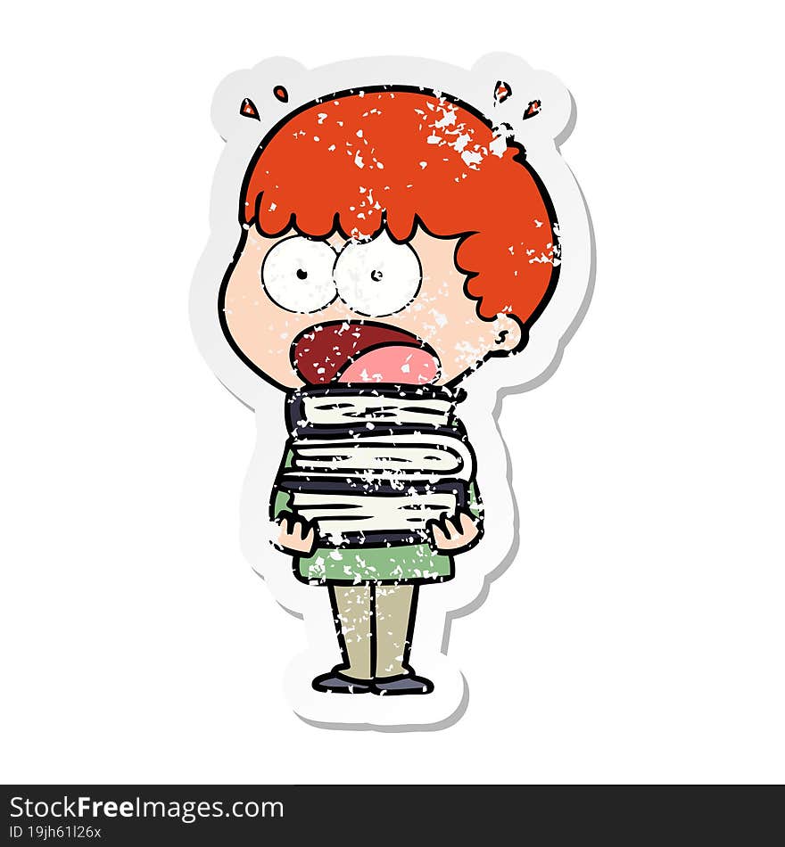 distressed sticker of a cartoon shocked boy with stack of books