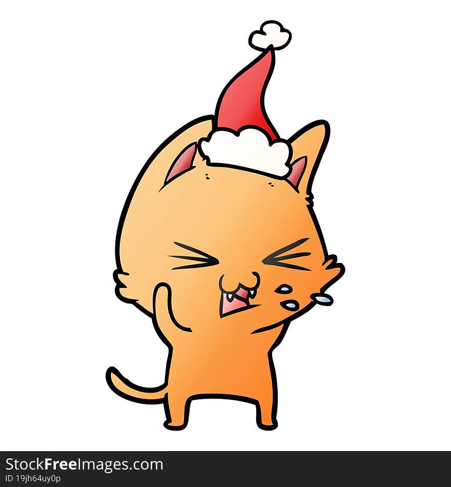 gradient cartoon of a cat hissing wearing santa hat