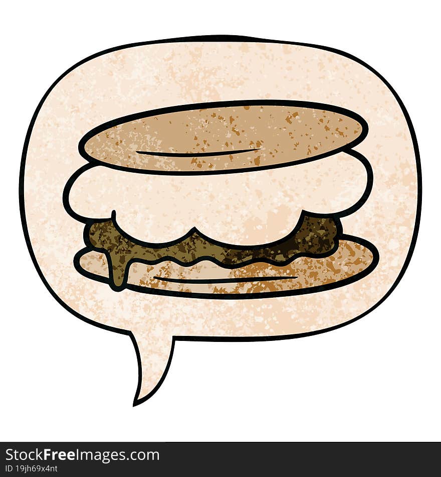 smore cartoon and speech bubble in retro texture style