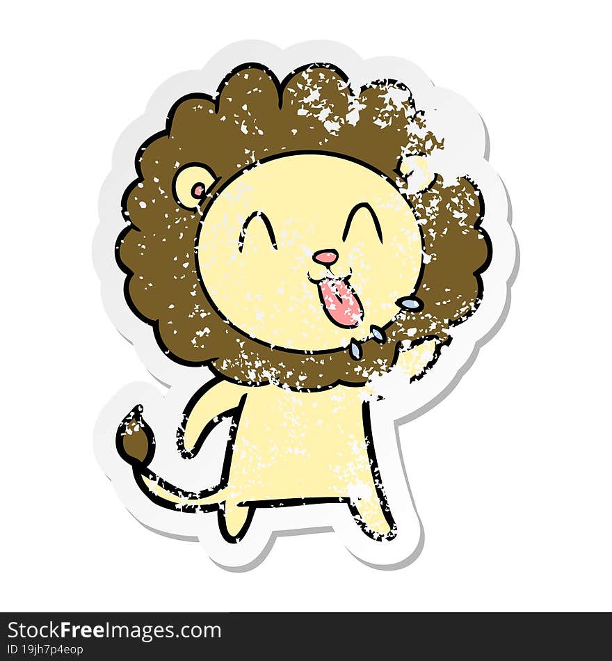 distressed sticker of a happy cartoon lion