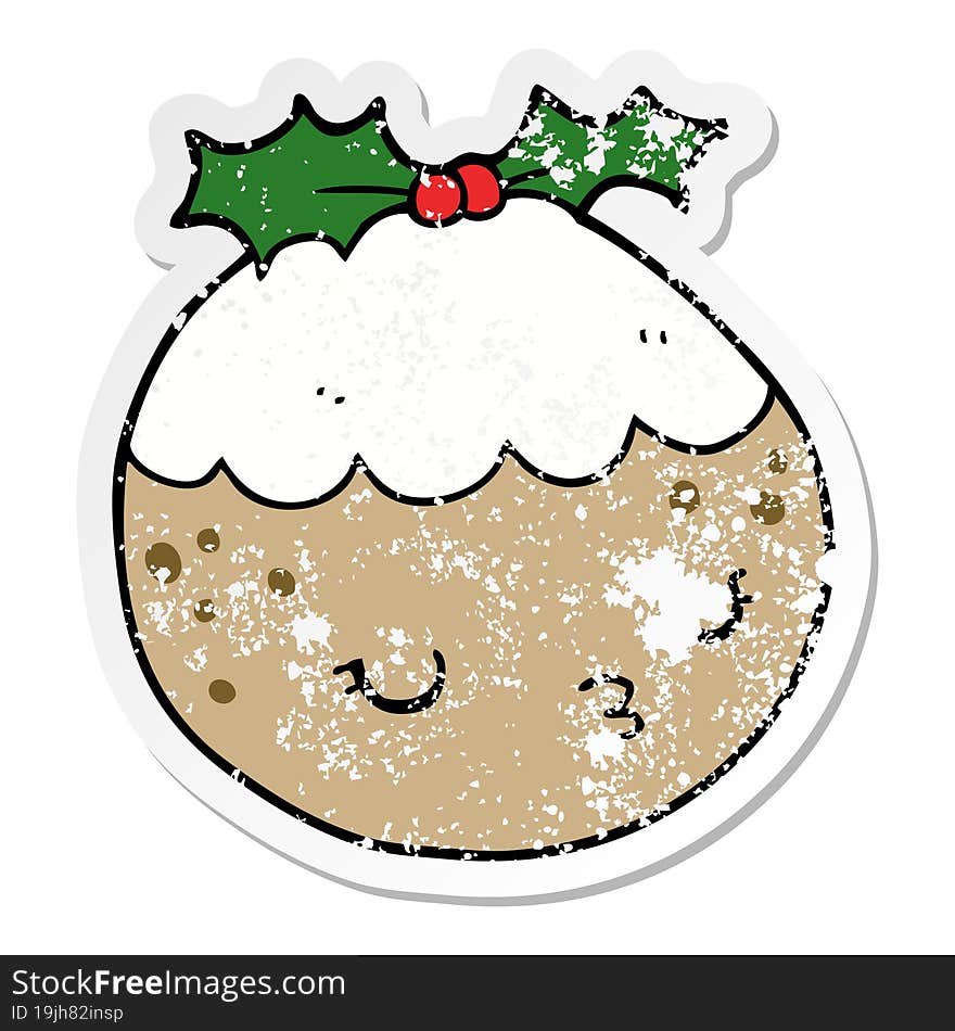 distressed sticker of a cute cartoon christmas pudding