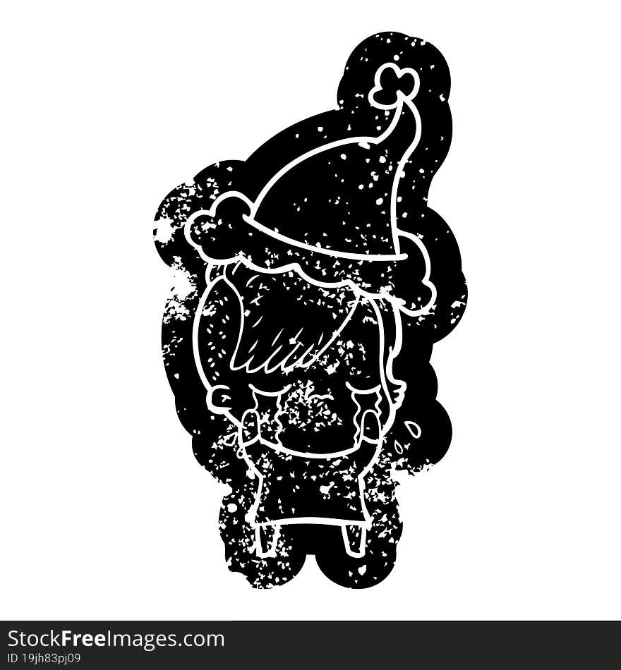 cartoon distressed icon of a crying girl wearing santa hat