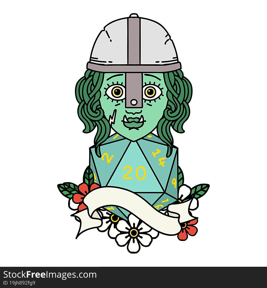 half orc fighter character with natural 20 dice roll illustration