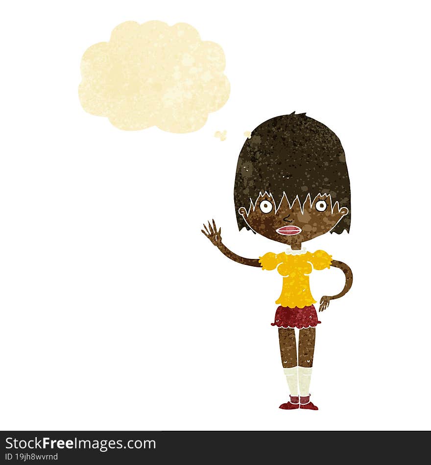 Cartoon Waving Woman With Thought Bubble