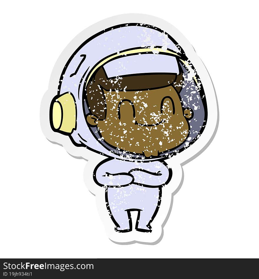 Distressed Sticker Of A Happy Cartoon Astronaut Man