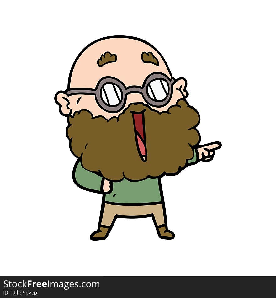 cartoon joyful man with beard pointing finger. cartoon joyful man with beard pointing finger