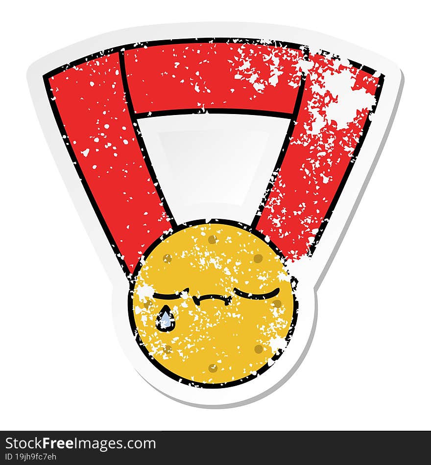 distressed sticker of a cute cartoon gold medal