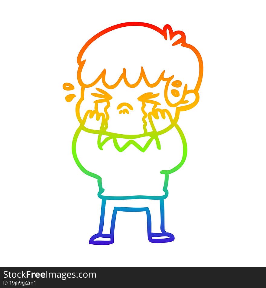 rainbow gradient line drawing of a cartoon boy crying