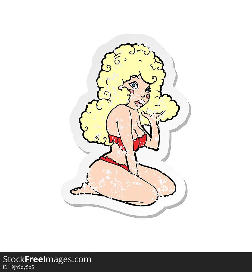 Retro Distressed Sticker Of A Cartoon Pin Up Girl