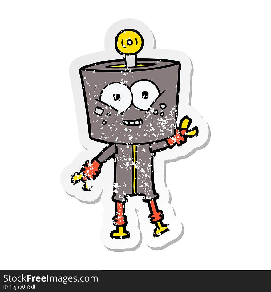 distressed sticker of a happy cartoon robot