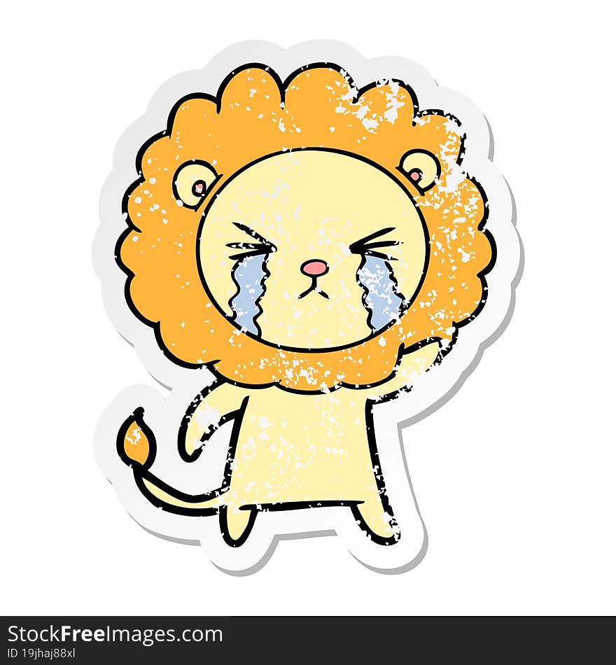 distressed sticker of a cartoon crying lion