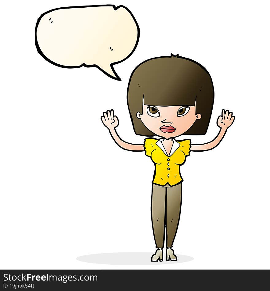 cartoon woman with raised hands with speech bubble