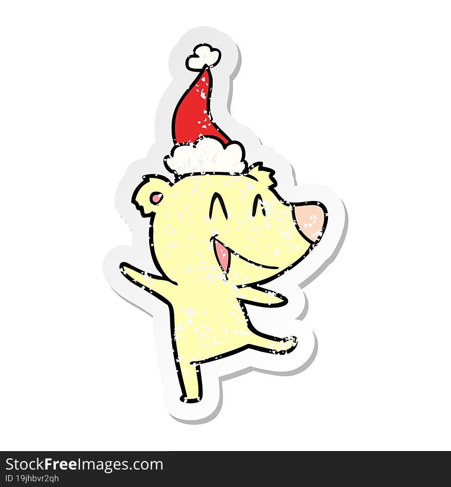 laughing bear distressed sticker cartoon of a wearing santa hat