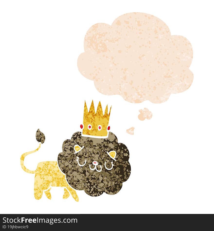 Cartoon Lion With Crown And Thought Bubble In Retro Textured Style