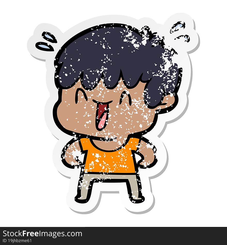 distressed sticker of a cartoon laughing boy