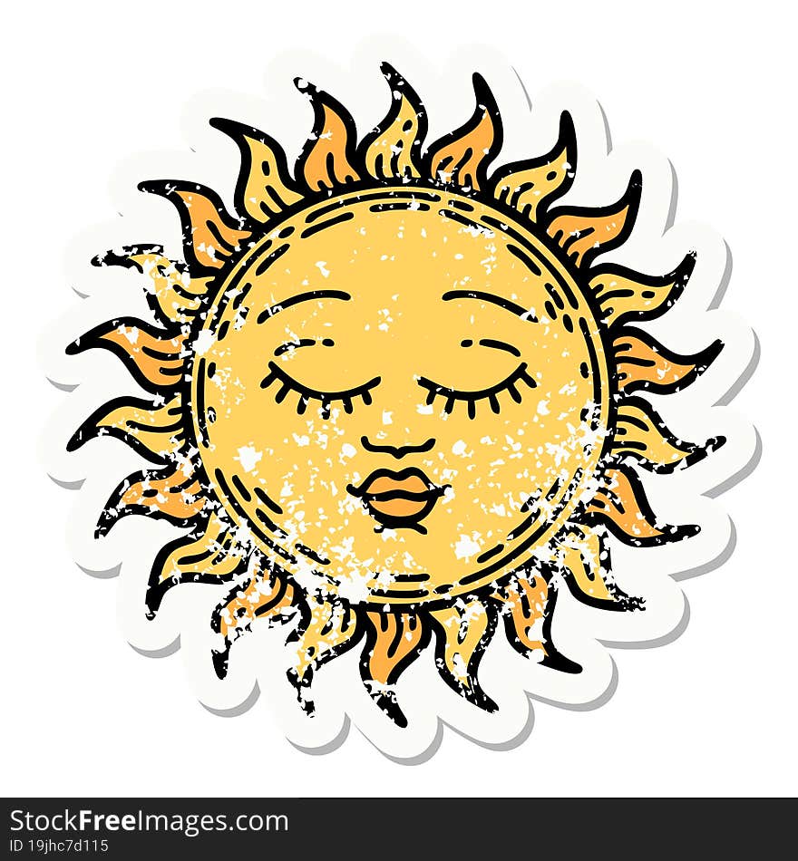 Traditional Distressed Sticker Tattoo Of A Sun